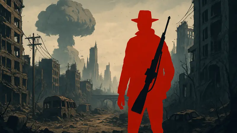 Постер сериала Atomfall с логотипом игры на фоне разрушенного постапокалиптического города.