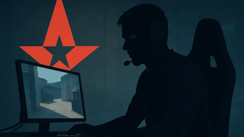 Киберспортсмен HooXi из команды Astralis во время матча по CS2, сфокусированный взгляд, на фоне логотип Astralis.
