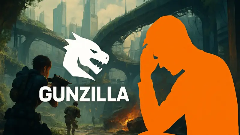 Логотип студии Gunzilla на фоне игрового процесса Off The Grid, символизирующий скандал с невыплатой зарплат