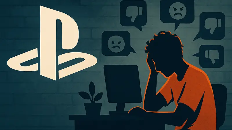 Изображение логотипа PlayStation и стилизованного инди-разработчика, страдающего от негативных комментариев