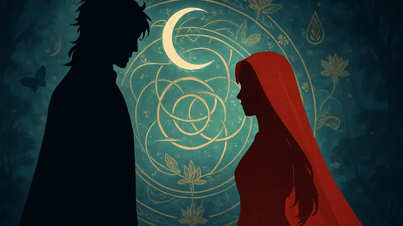 Главные герои аниме Bride of the Death God 3 на фоне символов реинкарнации и мистики
