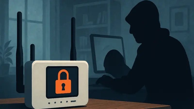 Изображение домашнего роутера с символом замка или хакерской атаки