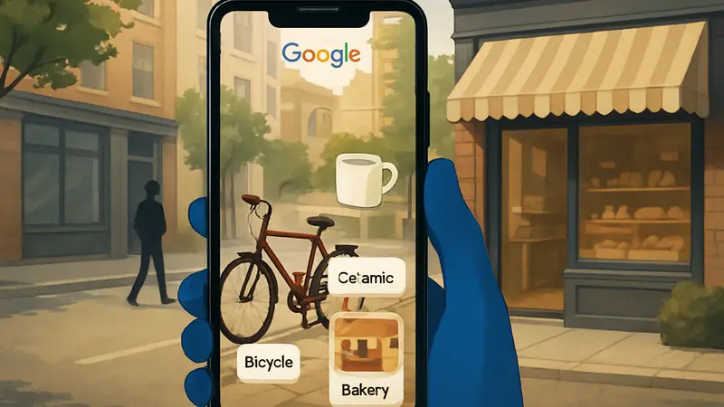 Интерфейс Google Search Live на экране смартфона, показывающий объекты и информацию о них в реальном времени.