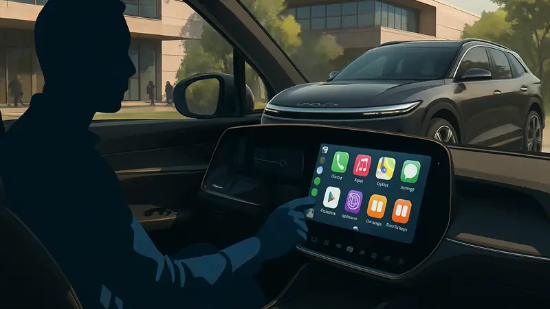 Электрический кроссовер Lucid Gravity с отображением Apple CarPlay на экране мультимедиа.