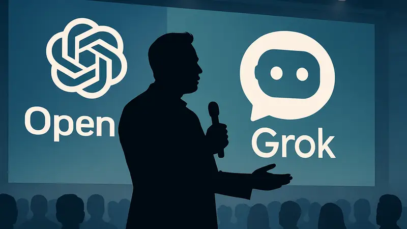 Илон Маск выступает на конференции, на фоне логотипы OpenAI и Grok.