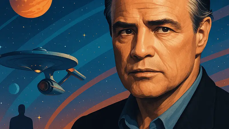 Портрет Марлона Брандо в его расцвете, с намёком на космический антураж Star Trek на заднем плане.