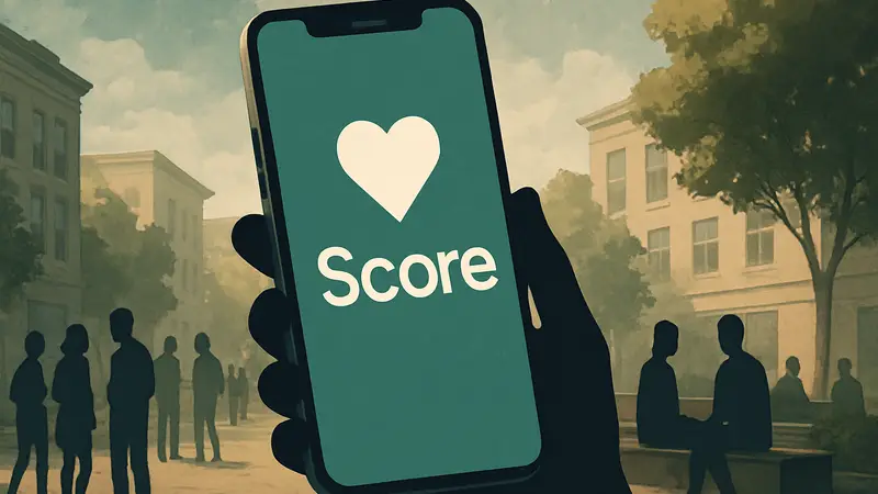 Логотип Score на экране смартфона, символизирующий дейтинг-приложение для знакомств.