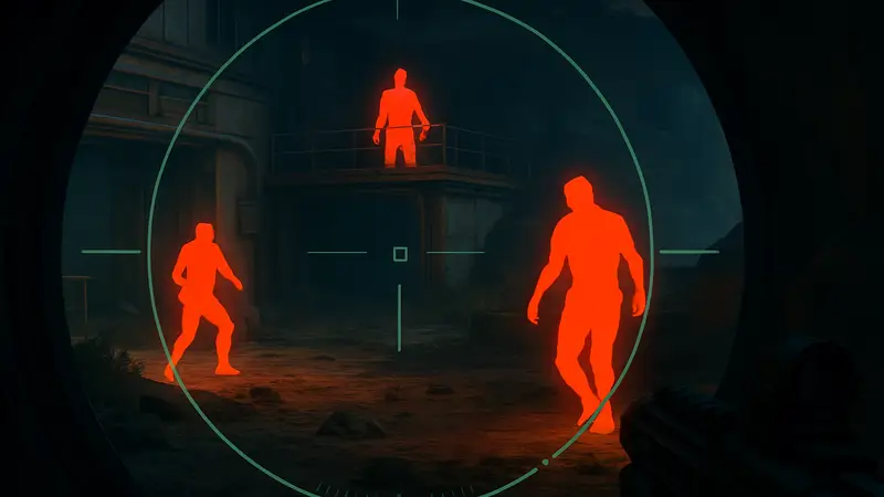 Игровой интерфейс Marathon с тепловизионным прицелом, показывающим контуры противников.