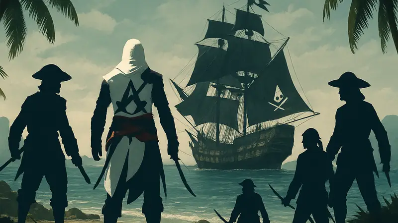 Арт Assassin's Creed Black Flag Resynced с пиратами и кораблем.