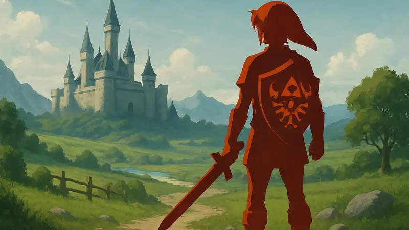 Линк из игры Ocarina of Time на фоне замка Хайрул, символизирующий будущее серии Zelda.