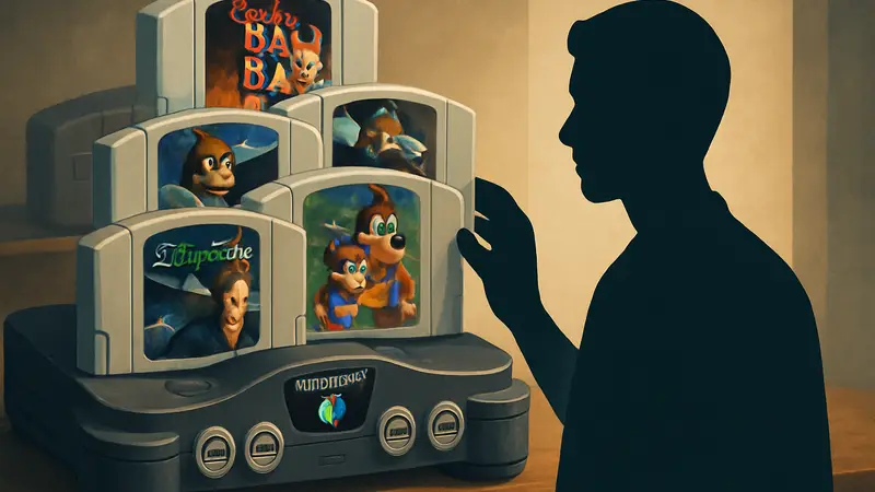 Коллекция редких игр Nintendo 64 на фоне консоли N64, символизирующая ценность и ностальгию