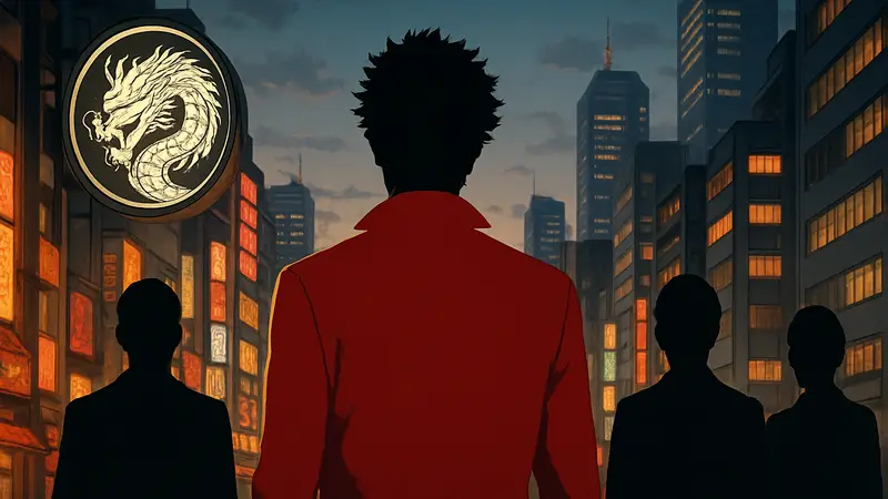 Логотип сериала-кроссовера по Yakuza с японскими актёрами на фоне городского пейзажа