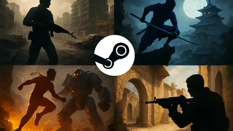 Коллаж с обложками четырех новых бесплатных игр в Steam, подчеркивающий их экшен-направленность.