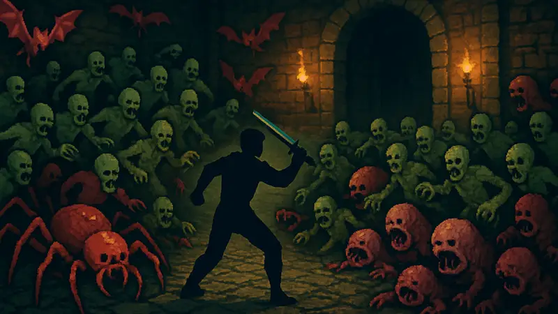 Скриншот игрового процесса Vampire Crawlers с ордами врагов и персонажем