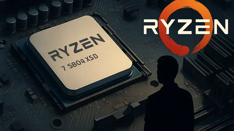 Процессор AMD Ryzen 7 5800X3D на материнской плате AM4, логотип AMD Ryzen