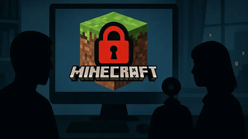 Изображение значка Minecraft с наложенным на него символом вредоносного ПО или замком.