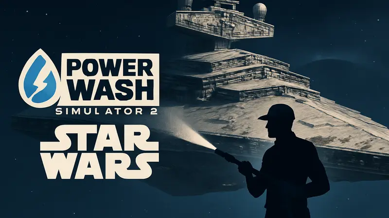 Логотип PowerWash Simulator 2 и Star Wars на фоне космического корабля Империи.