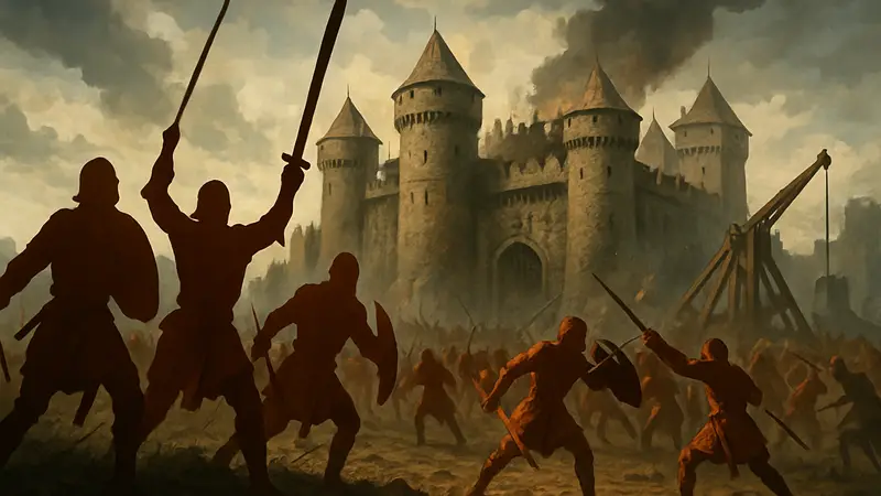Сцена из средневековой игры, демонстрирующая битву или замок, символизирующая Темные Века.