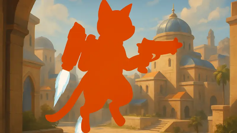 Джетпак-Кошка из Overwatch с реактивным ранцем и оружием в руках, иллюстрация персонажа, концепт-арт.