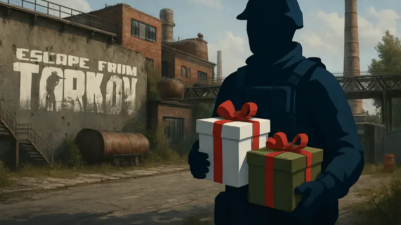Игрок в Escape from Tarkov с подарками, на фоне локации Таможня
