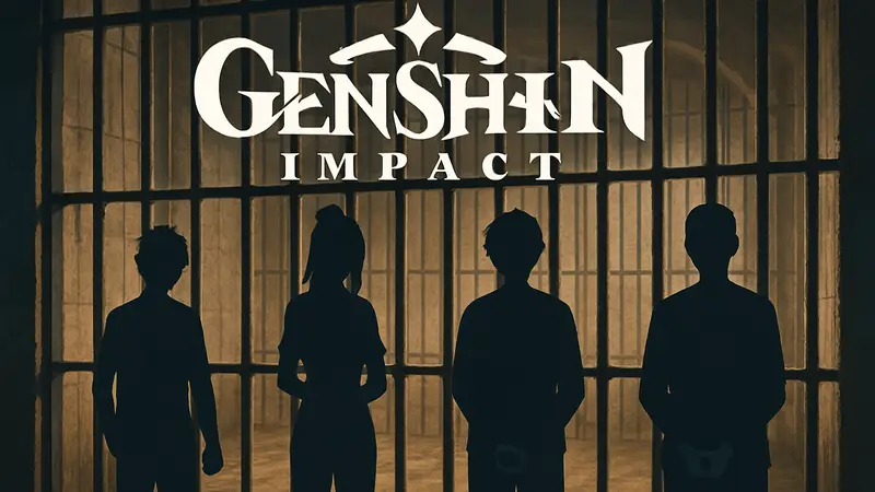 Логотип Genshin Impact на фоне тюремных решеток. Иллюстрация к приговору сотрудникам miHoYo.