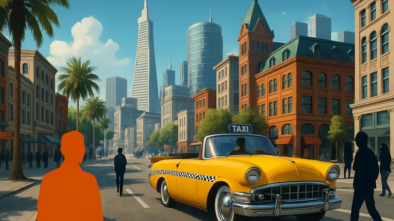 Скриншот Crazy Taxi: World Tour с такси и городским фоном, созданным при помощи ИИ Sega.
