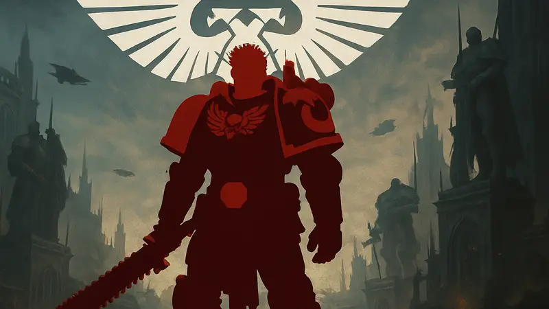 Фигурка Феррена Арейоса от JoyToy, капитан Ультрамаринов из Warhammer 40,000, на фоне логотипа Warhammer