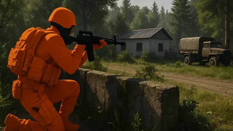 Скриншот из Gray Zone Warfare, показывающий тактические действия солдата в реалистичном военном окружении.