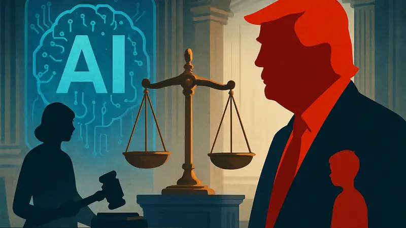 Изображение, символизирующее искусственный интеллект и правовое регулирование, с намёком на политическую фигуру.