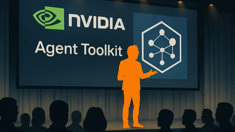 Дженсен Хуанг представляет платформу NVIDIA Agent Toolkit на сцене GTC, логотип NVIDIA.