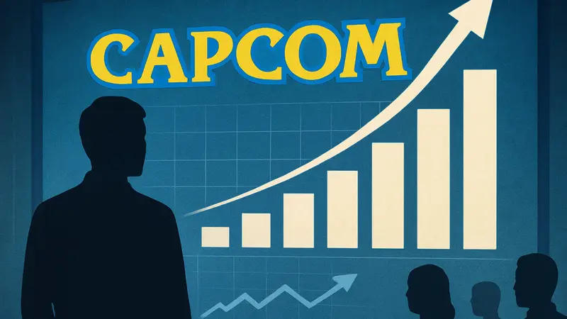 Логотип Capcom на фоне графиков роста, символизирующих финансовый успех компании.