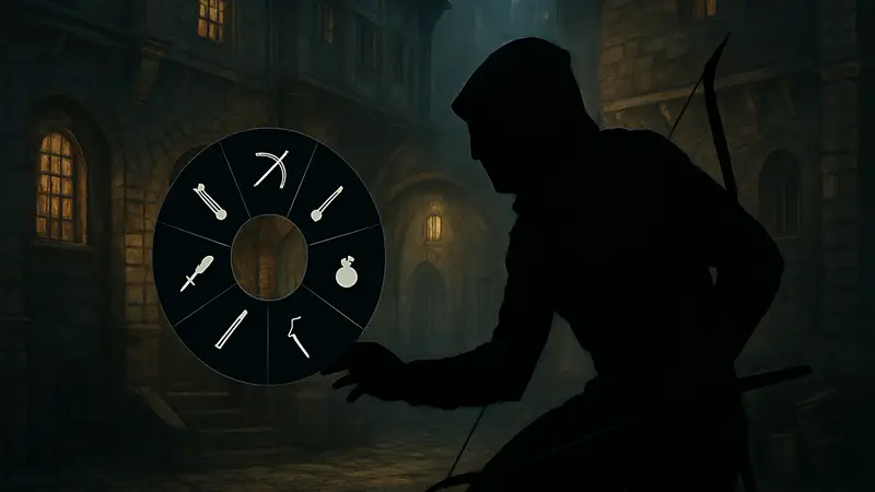 Скриншот или концепт-арт ремастера Thief с изображением колеса выбора оружия.