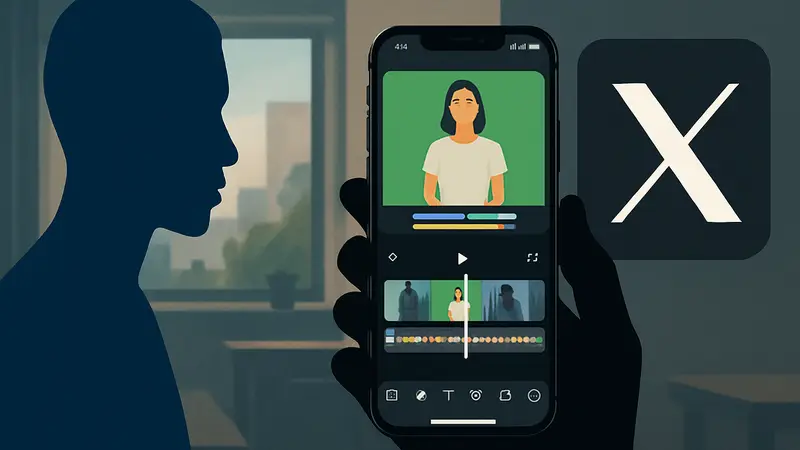 Интерфейс видеоредактора X на экране iPhone, логотип X