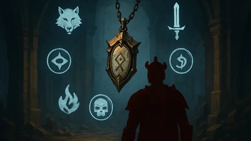 Иконки оберегов и печатей Diablo 4, расположенные вокруг талисмана персонажа.
