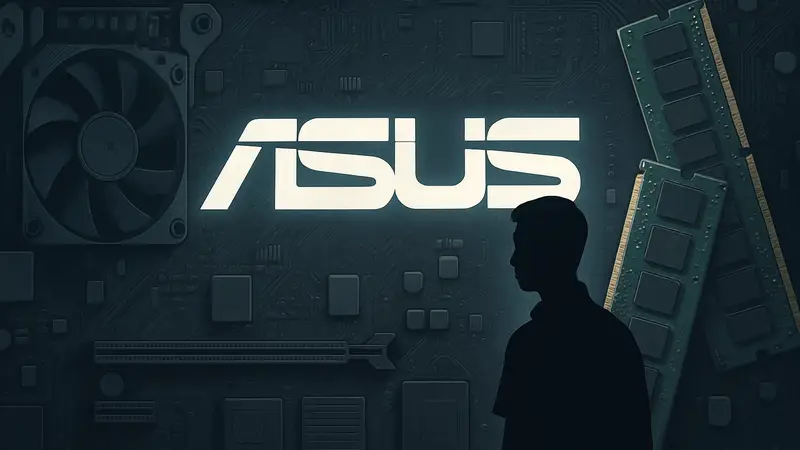 Логотип ASUS на фоне компьютерных компонентов и микросхем памяти
