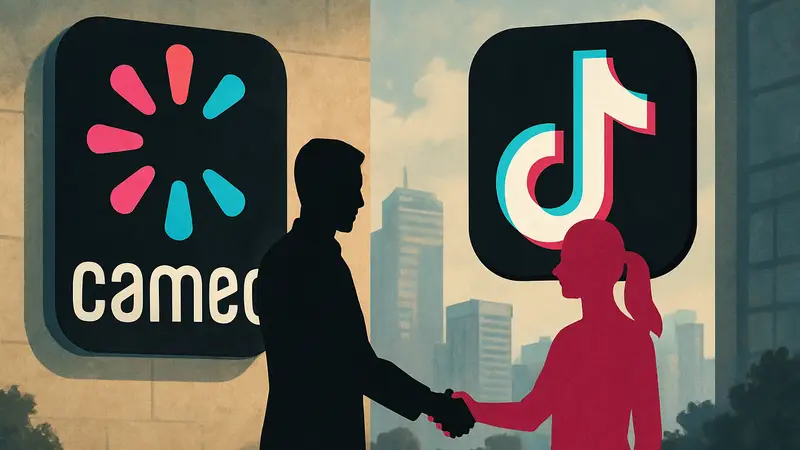 Логотипы Cameo и TikTok, символизирующие их интеграцию и партнерство для создания видео.