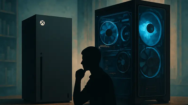 Изображение концепта Xbox Project Helix, рядом с мощным игровым ПК, символизирующее анализ Digital Foundry.