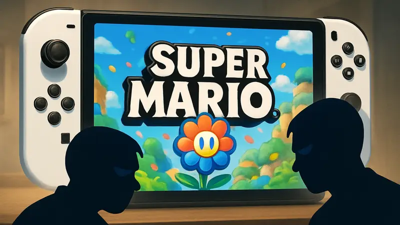 Логотип Super Mario Bros. Wonder на фоне консоли Nintendo Switch 2, символизирующий недовольство геймеров.
