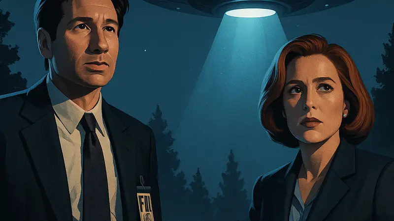 Кадр из сериала "Секретные материалы", агенты Малдер и Скалли, НЛО.