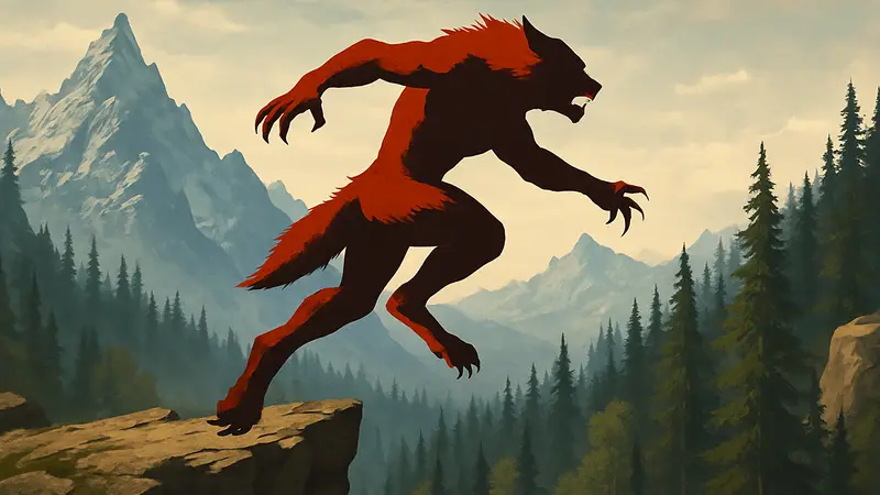 Драконорожденный в форме оборотня, прыгающий со скалы в Skyrim, на фоне гор и леса