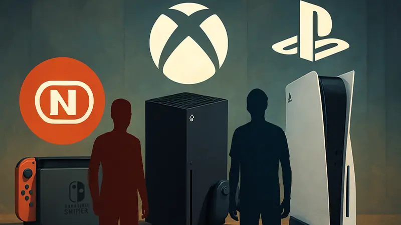 Логотипы Xbox, PlayStation и Nintendo на фоне игровых консолей.