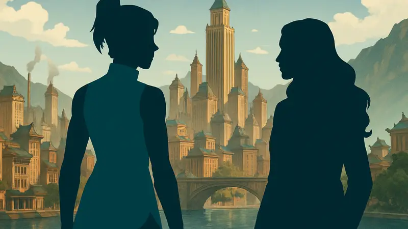 Обложка вебтуна «Легенда о Корре: Войны за Территорию» с Коррой и Асами, на фоне Города Республики