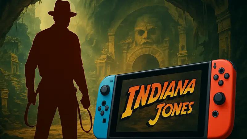 Логотип Индиана Джонс на фоне игры, персонаж, Nintendo Switch