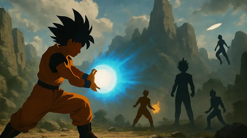 Гоку применяет Камехамеха, аниме Dragon Ball, с намёком на другие мощные техники.