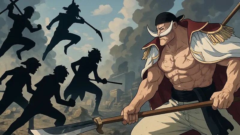 Белоус и персонажи One Piece в битве, иллюстрация аниме