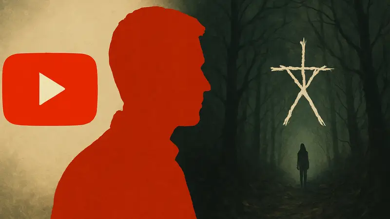 Дилан Кларк, режиссёр ремейка «Ведьмы из Блэр» от Blumhouse, на фоне логотипов YouTube и фильма.