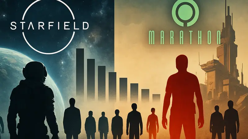 Сравнение игровых миров Starfield и Marathon, с логотипами игр, на фоне проблем с количеством игроков.