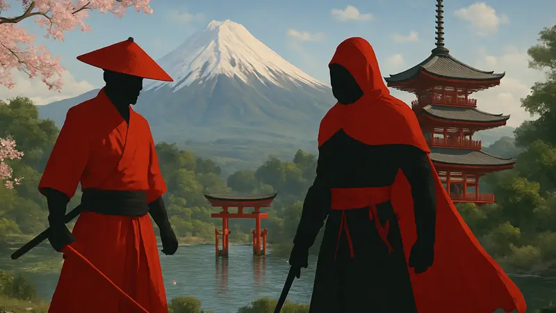 Главные персонажи или обложка игры Assassin's Creed Shadows на фоне японских пейзажей.