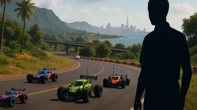 Скриншот The Crew Motorfest с гоночными радиоуправляемыми машинками на трассе в открытом мире