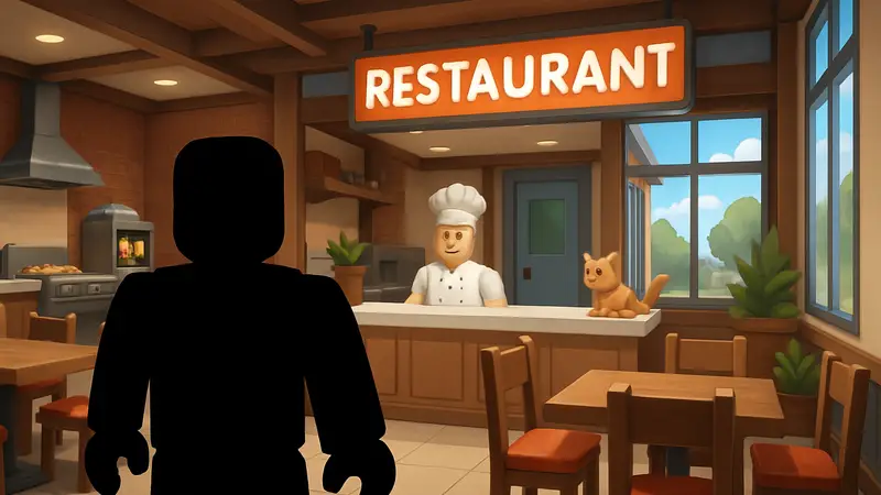 Скриншот из игры Run a Restaurant в Roblox с персонажем и рестораном